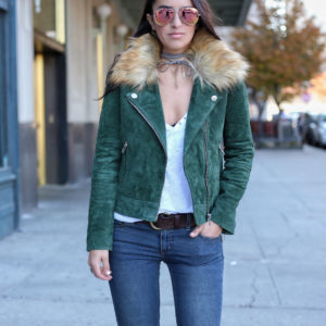 Blogger Sarah Lindner of The House of Sequins wearing Sam Edelman kaleb booties and BlankNYC suede moto jacket with faux fur