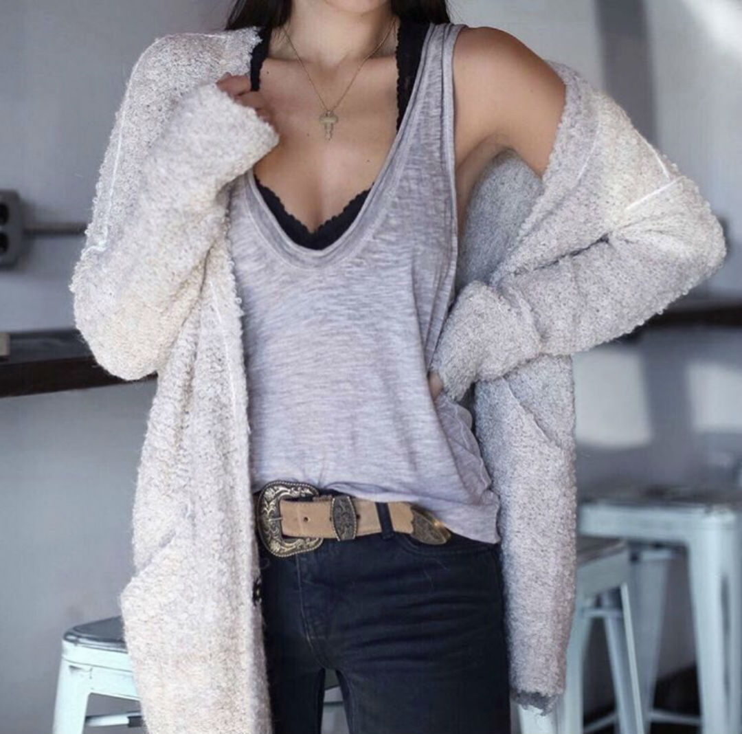 Blogger Sarah Lindner of The House of Sequins wearing free people boucle cardigan and free people bombay tank