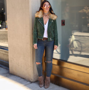Blogger Sarah Lindner of The House of Sequins wearing Sam Edelman kaleb booties and BlankNYC suede moto jacket with faux fur