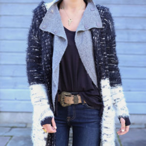 Blogger Sarah Lindner of The House of Sequins wearing free people thermal and free people cardigan