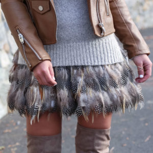 Blogger Sarah Lindner of The House of Sequins wearing alice + Olivia cina feather skirt, blankNYC easy rider brown faux leather moto jacket and steve madden over the knee boots