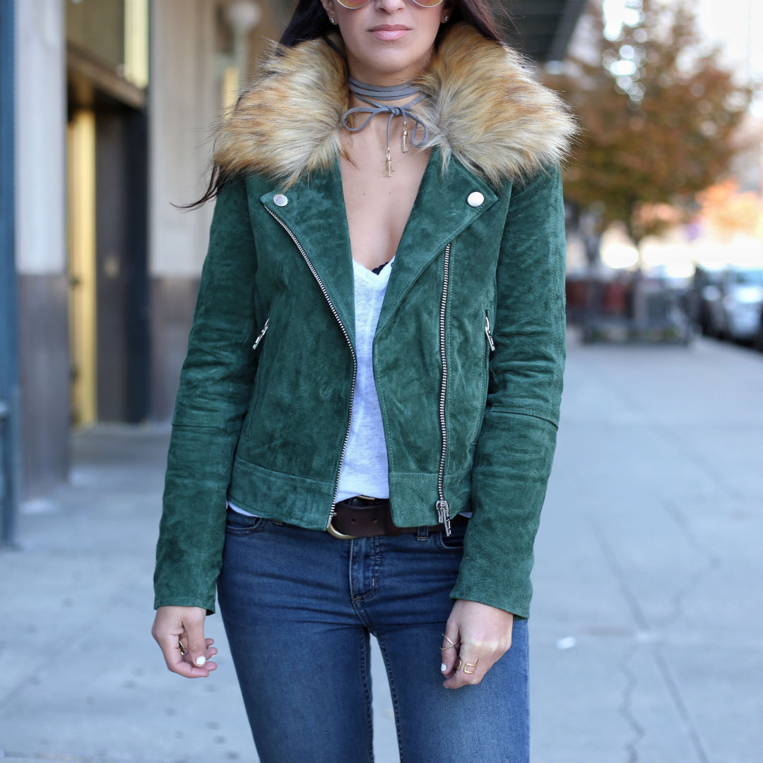 Blogger Sarah Lindner of The House of Sequins wearing Sam Edelman kaleb booties and BlankNYC suede moto jacket with faux fur 