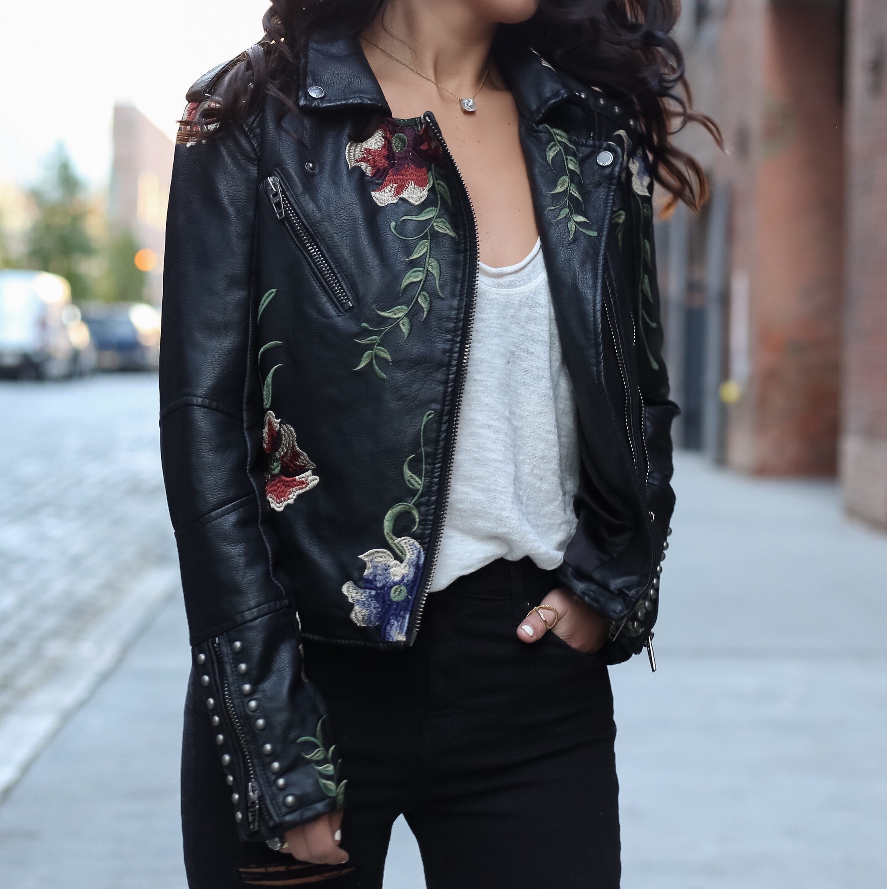 Embroidered Faux Leather Moto Jacket - The House of Sequins