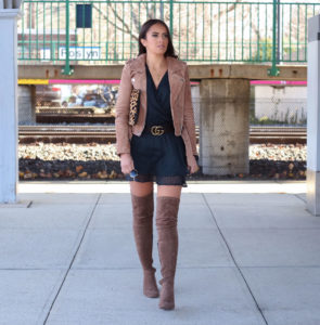 Blogger Sarah Lindner of The House of Sequins wearing Free People daliah minidress and jeffrey campbell Cienega Over the Knee Boots