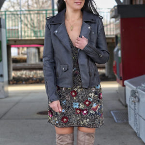 Blogger Sarah Lindner of The House of Sequins wearing Topshop Bird Embellished Minidress and BlankNYC 'Easy Rider' Faux Leather Moto Jacket