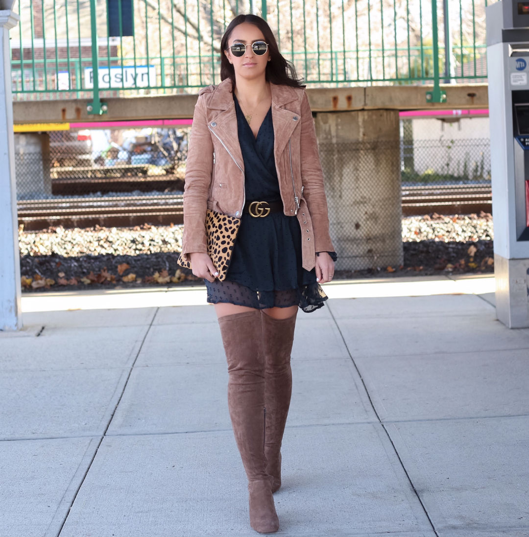 Blogger Sarah Lindner of The House of Sequins wearing Free People daliah minidress and jeffrey campbell Cienega Over the Knee Boots 