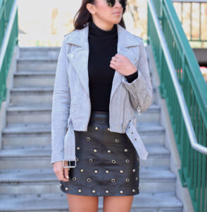 Blogger Sarah Lindner of The House of Sequins wearing Topshop Stud & Grommet Leather Miniskirt and BLANKNYC Morning Suede Moto Jacket