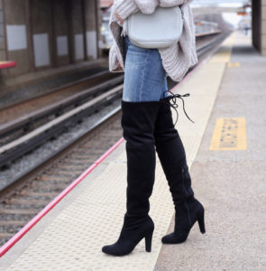 Blogger Sarah Lindner of The House of Sequins wearing Payless shoesource black over the knee boots