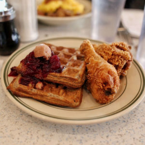 Blogger Sarah Lindner of The House of Sequins reviews of Pie n Thighs in brooklyn New York. Fried Chicken and waffles.