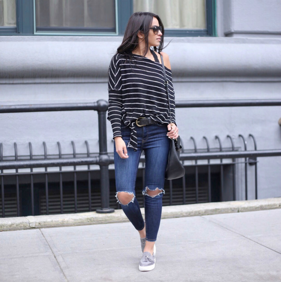 Blogger Sarah Lindner of The House of Sequins Wearing free people high rise busted knee skinny jeans and Free People Love Lane one shoulder tee