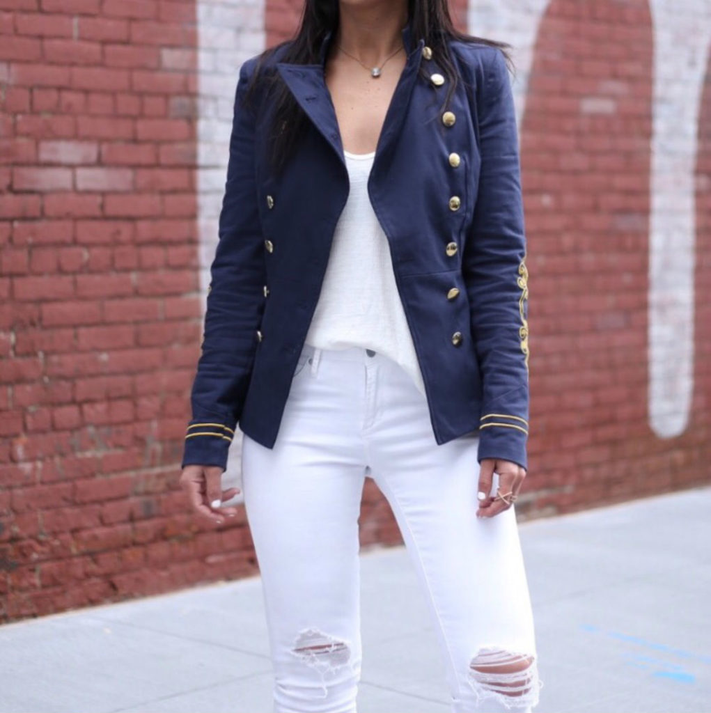 Blogger Sarah Lindner of The House of Sequins wearing military style blazer all white outfit