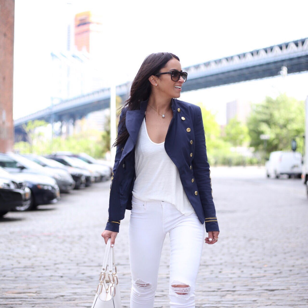 Blogger Sarah Lindner of The House of Sequins wearing military style blazer all white outfit