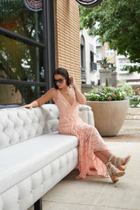 Blogger Sarah Lindner of The House of Sequins wearing dress the population melina maxi dress nordstrom anniversary sale