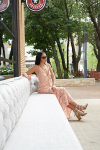 Blogger Sarah Lindner of The House of Sequins wearing dress the population melina maxi dress nordstrom anniversary sale