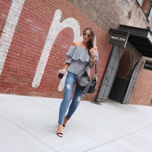 Blogger Sarah Lindner of The House of Sequins How To Select Jeans For Your Body Type. Current elliot skinny jeans and wayf off the shoulder top.
