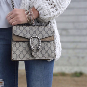 Blogger Sarah Lindner of The House of Sequins accessorizing Mini Dionysus GG Supreme Shoulder Bag