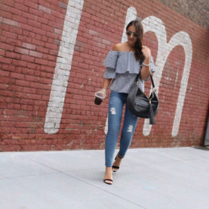 Blogger Sarah Lindner of The House of Sequins How To Select Jeans For Your Body Type. Current elliot skinny jeans and wayf off the shoulder top.