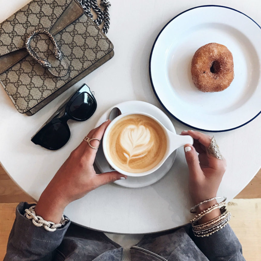 Blogger Sarah Lindner wearing blanknyc gray moto jacket at southdown coffee - oyster bay