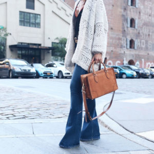 Blogger Sarah Lindner of The House of Sequins wearing Frame flare jeans, free people One Adella Bralette and free people sunday morning cardigan