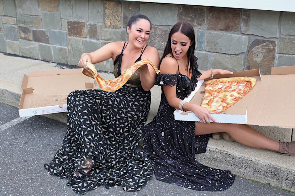 Blogger Sarah Lindner of The House of Sequins Pizza Party at Pizza Barn, Yonkers with the super slice pizza