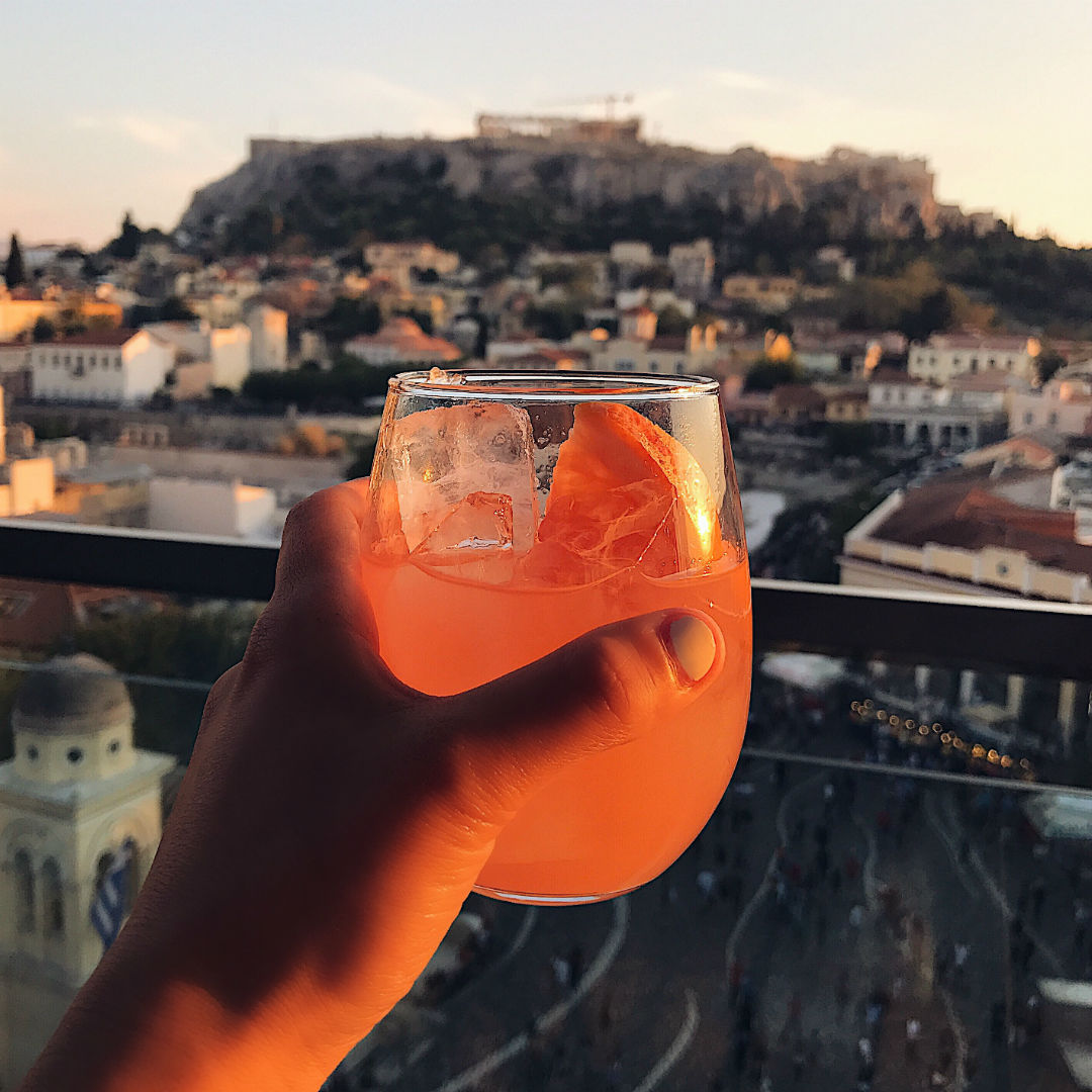 Blogger Sarah Lindner of The House of Sequins Guide to Athens Greece 2017/2018 A for Athens hotel bar sunset view