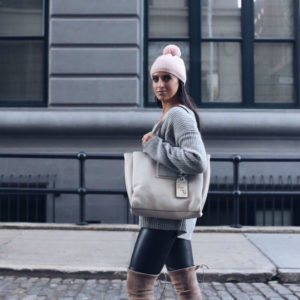 Blogger Sarah Lindner of The House of Sequins wearing Henri Bendel Modern Icon Mini Satchel