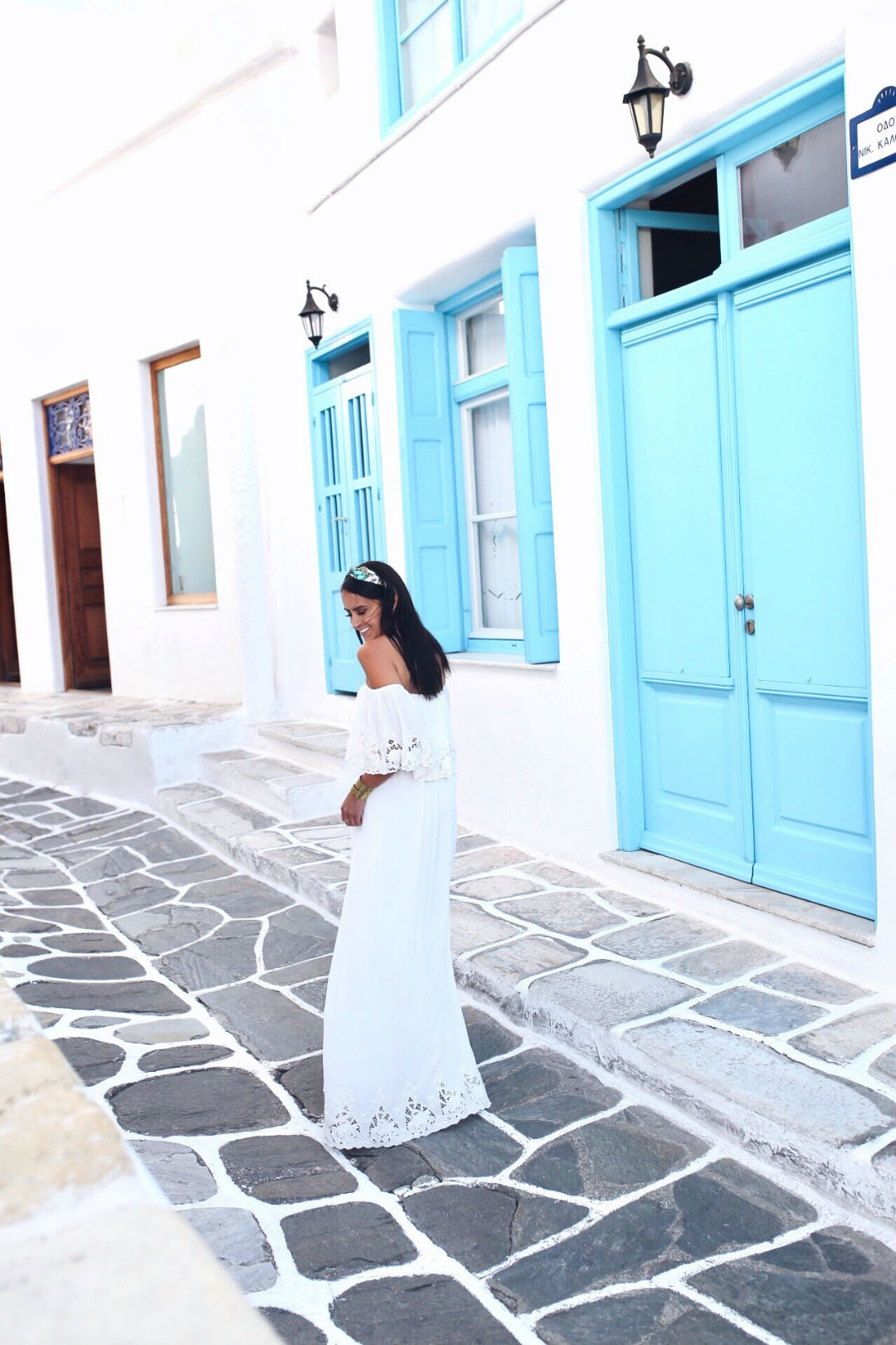 Blogger Sarah Lindner of The House of Sequins wearing Fillyboo Free People La Bella Vita Set. What to wear in Mykonos Greece