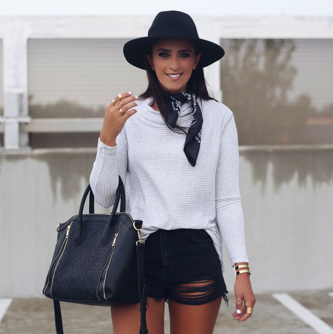 Blogger Sarah Lindner of the house of sequins wearing Free People split back long sleeve tee