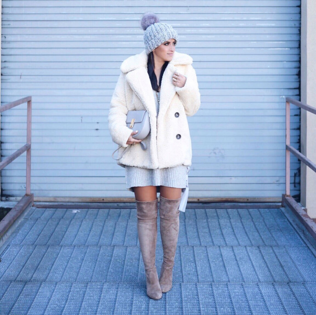 Blogger Sarah Lindner of The House of sequins wearing free people Teddy Peacoat and free people Happy Trails Pom Beanie 
