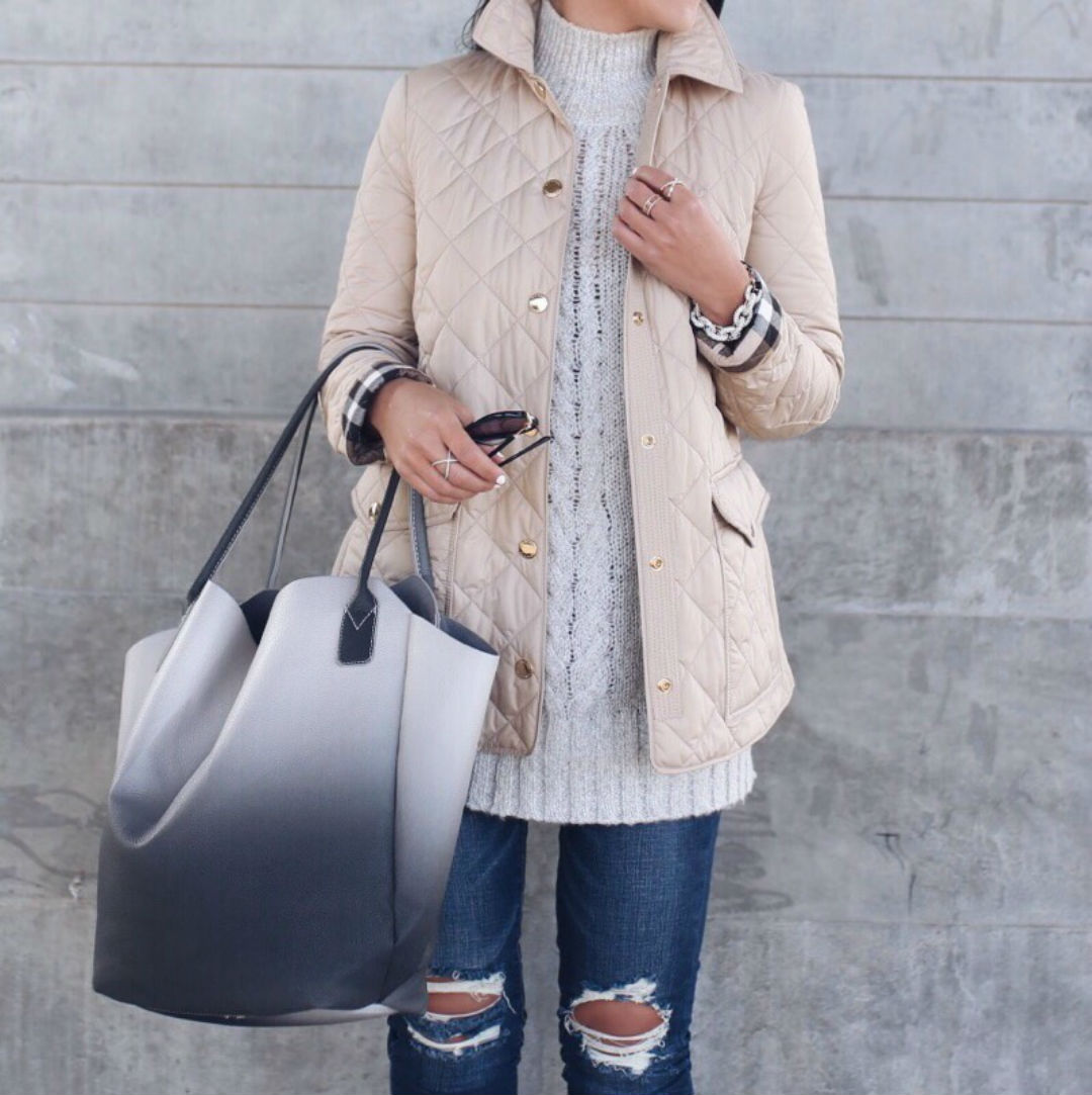 Blogger Sarah Lindner of the house of sequins wearing burberry The Westbridge Quilted Jacket