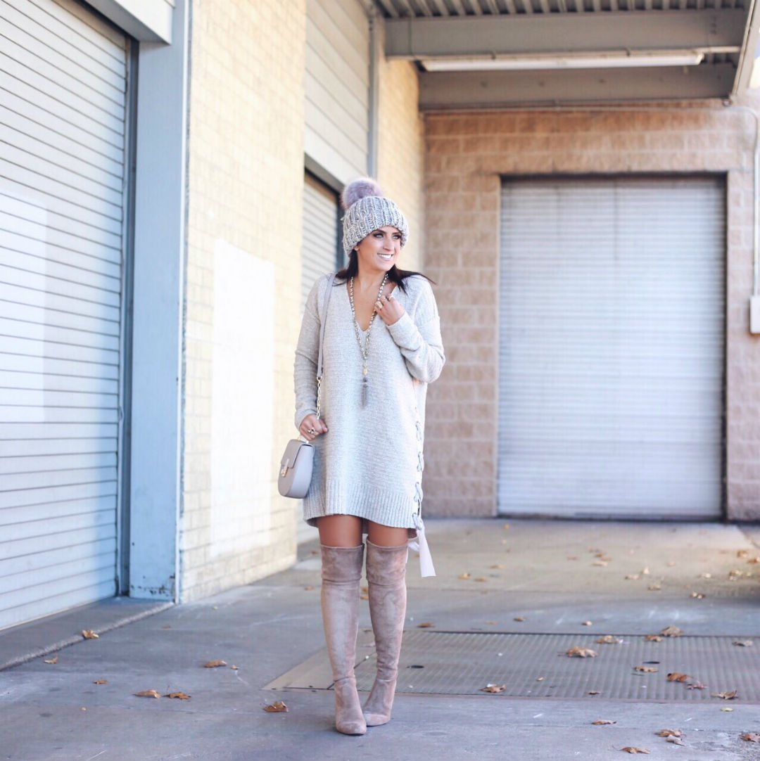 Blogger Sarah Lindner of The House of sequins wearing free people Teddy Peacoat and free people Happy Trails Pom Beanie 