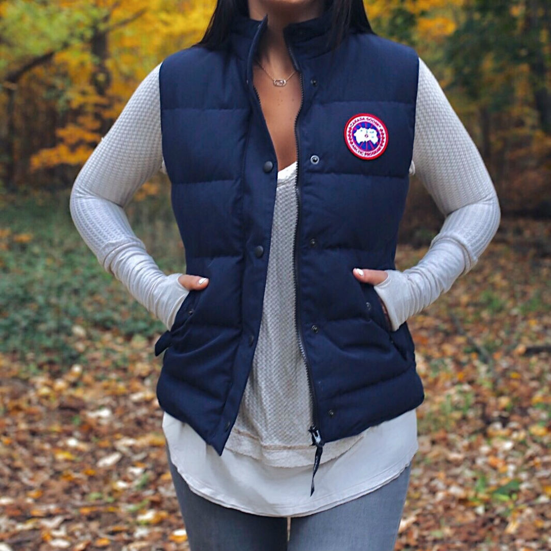Blogger Sarah Lindner of The House of Sequins wearing Canada Goose Freestyle Slim Fit Down Vest. How to style a canada goose vest.
