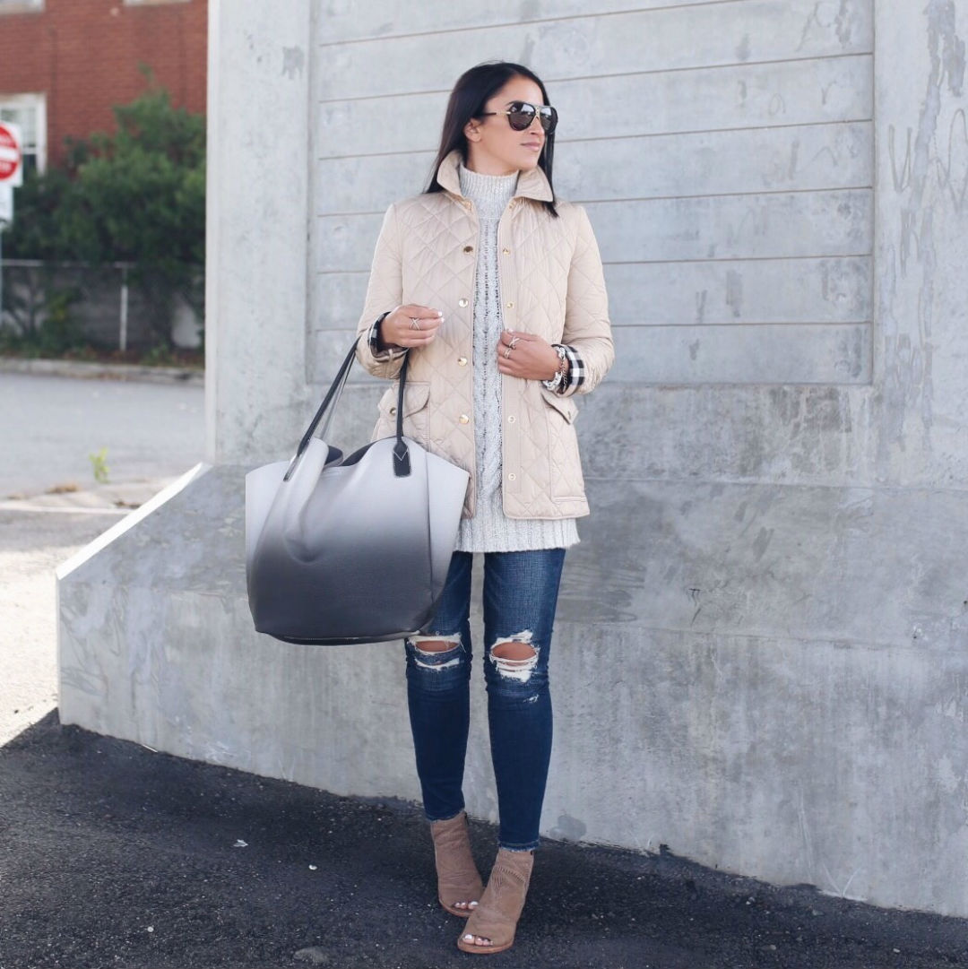 Blogger Sarah Lindner of the house of sequins wearing burberry The Westbridge Quilted Jacket