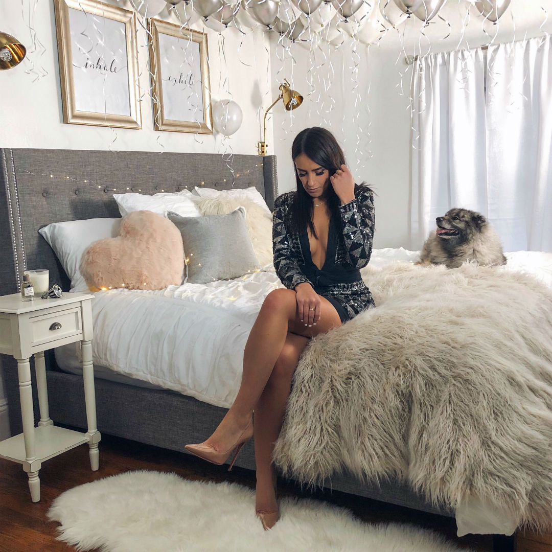 Blogger Sarah Lindner of The House of Sequins wearing PAVLINA DRESS X BY NBD X by NBD. Sequins dress for new years. what to wear for new years