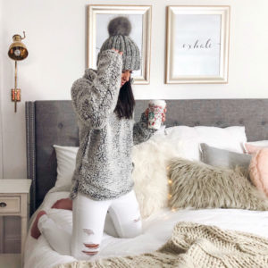 Blogger Sarah Lindner of The House of Sequins wearing Wubby Fleece Pullover