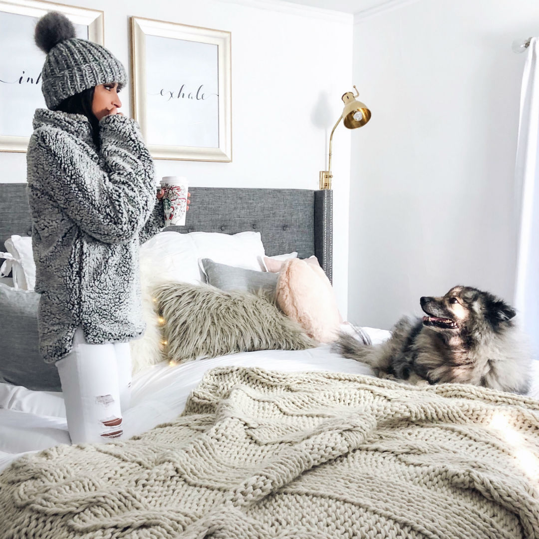 Blogger Sarah Lindner of The House of Sequins wearing Wubby Fleece Pullover 