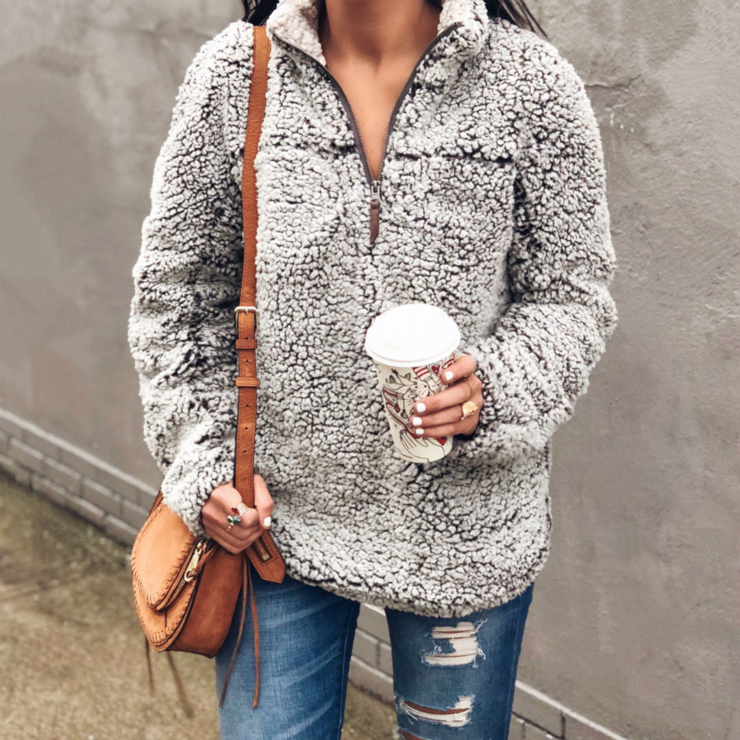 Blogger Sarah Lindner of The House of Sequins wearing Wubby Fleece Pullover 