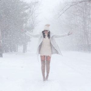 Blogger Sarah Lindner of the house of sequins wearing over the knee boots and gucci bag in the snow. Best snow outfit