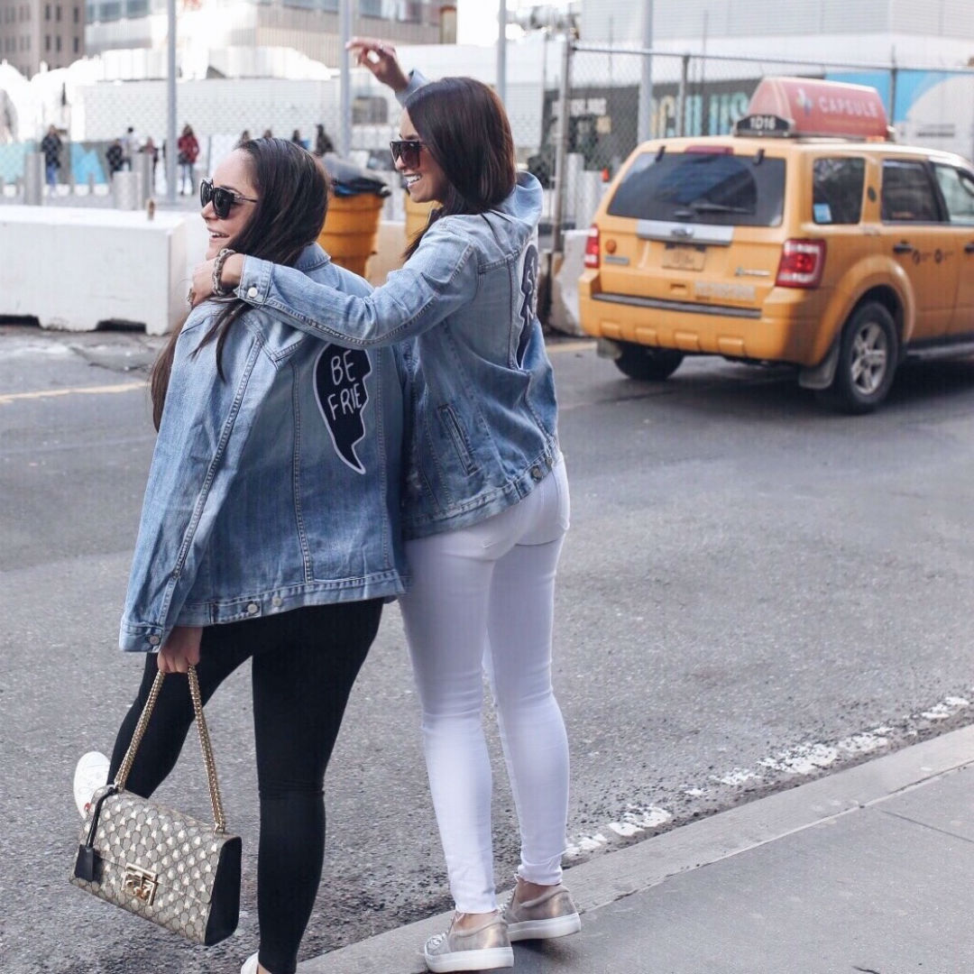 Blogger Sarah Lindner of the house of sequins wearing RAILS Knox Best Friend Patch denim Jacket for NYFW