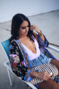 Blogger Sarah Lindner of The House of sequins wearing Free people let's dance kimono jacket