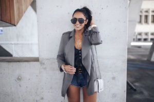 Blogger Sarah Lindner of The House of Sequins wearing Free People Brami cami & Utility Jacket by Hinge