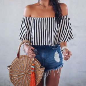 Blogger Sarah Lindner of The House of Sequins Wearing Show Me Your Mumu Wyoming High Waist Shorts and amuse society off the shoulder stripe top