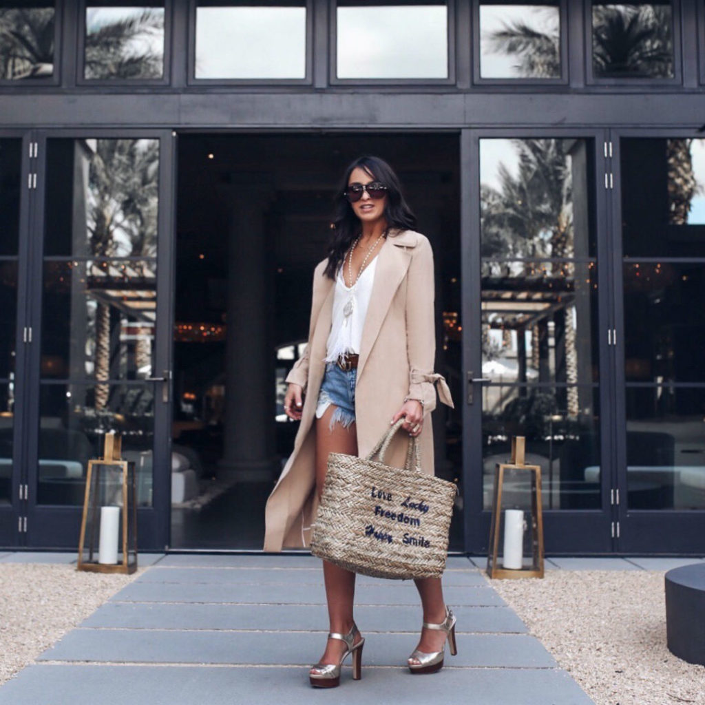Blogger Sarah Lindner of The House of Sequins wearing 1 state trench coat and Loving Good Vibrations Shorts by Free People