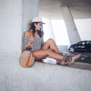 Blogger Sarah Lindner of The House of Sequins Wearing Show Me Your Mumu Wyoming High Waist Shorts and amuse society off the shoulder stripe top