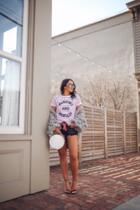 Blogger Sarah Lindner of The House of Sequins Wearing South Parade – Jackie Martini’s and Manaolo’s and Free People Sashes & Relaxes Cutoff Denim Shorts