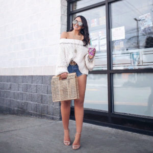 Blogger Sarah Lindner of the house of sequins wearing Free People Pandora’s Boatneck Sweater. Instagram roundup on what to wear to 7-11. How to style a off the shoulder sweater