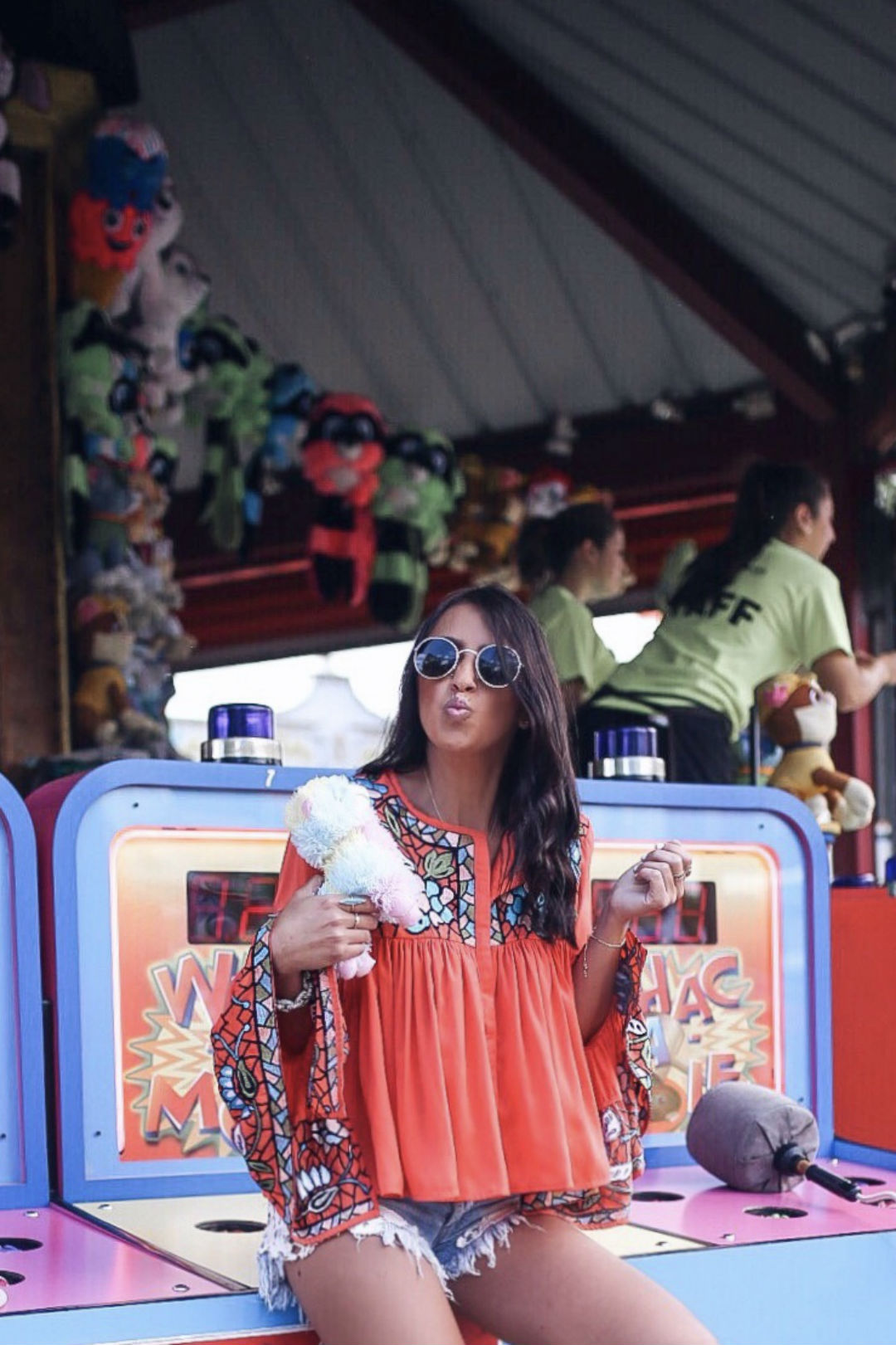 Blogger Sarah Lindner of The House of Sequins on what to wear to an amusement park. Wearing free people good vibes lace hem denim shorts, cotu superga sneakers, and Malo Embroidered Button blouse by kas new york