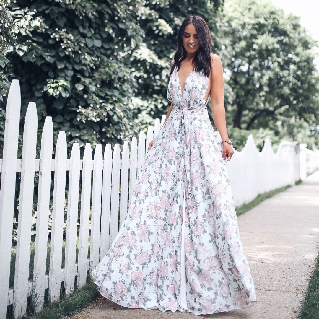 Blogger Sarah Lindner of The House of Sequins wearing LEAH GOWN LOVERS + FRIENDS Lovers + Friends