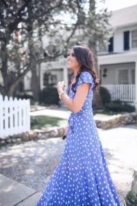 Blogger Sarah Lindner of The House of Sequins wearing The Sid Wrap Dress from Tularosa