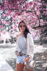 Blogger Sarah Lindner of The House of Sequins wearing Free people gray tank top. Marc Fisher wedges. Baublebar layered necklace. Heart sunglasses. Sole Society bag